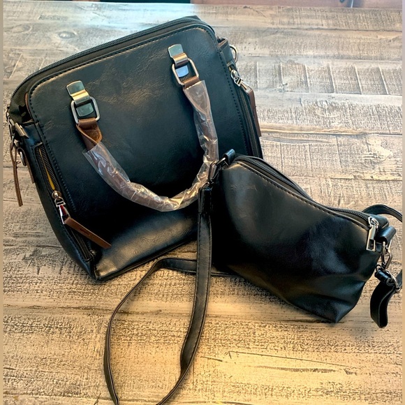 2 Piece Bag Purse Set, handles strap, NWOT, Black and Brown Faux leather - Picture 1 of 12